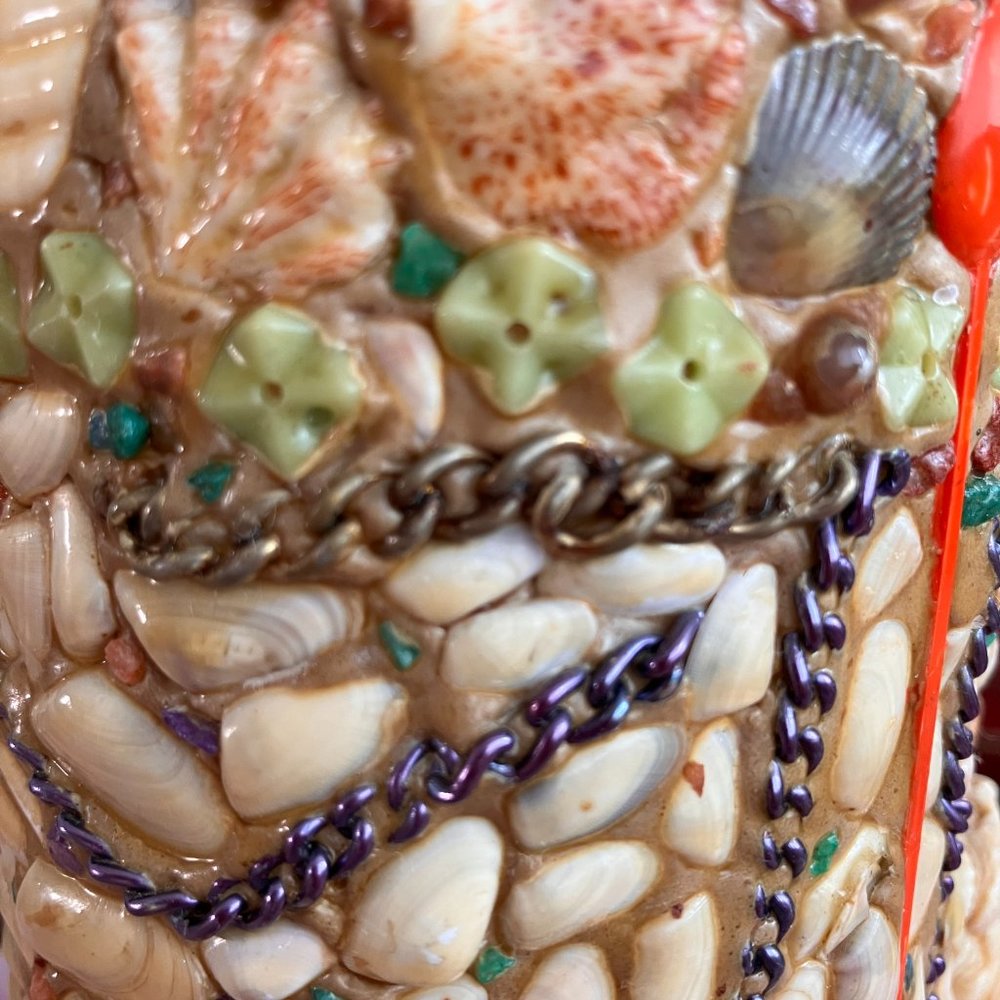 Quirky Tramp Art Vase - Shells, Beads, McDonald's Spoons -1970's - One of a Kind - Picture 3 of 9
